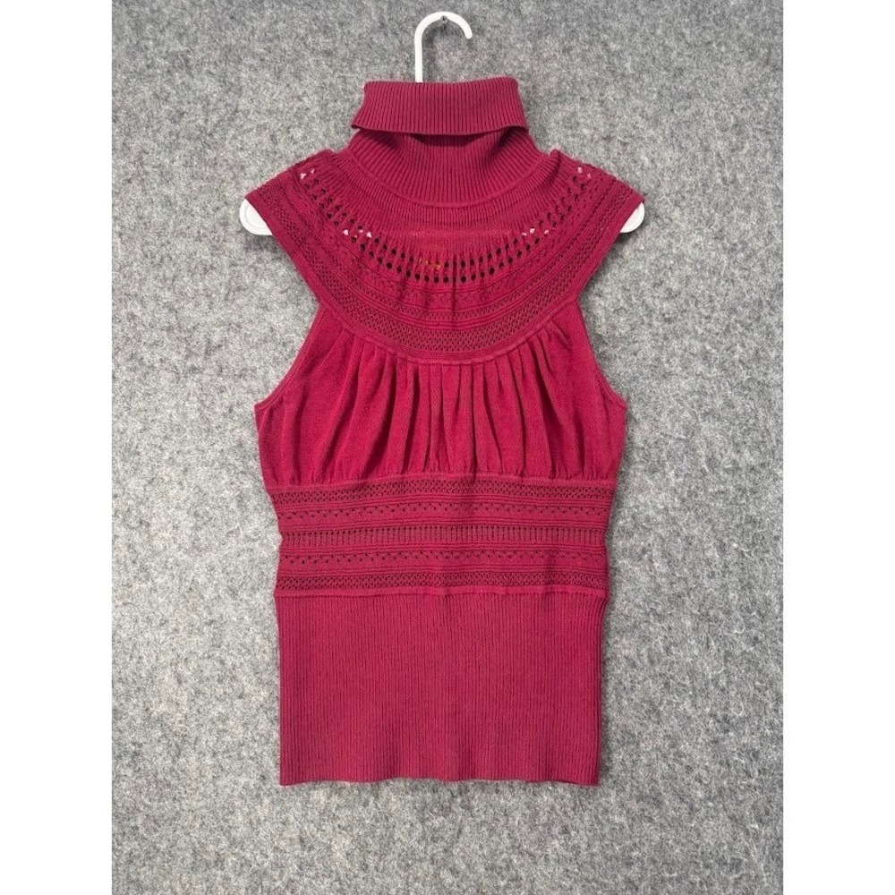 Catherine Malandrino Women Berry Red Pointelle Knit Turtleneck Sleeveless Top M